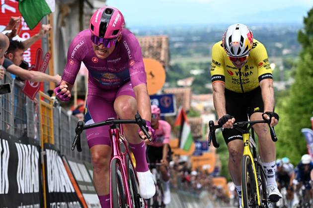 May 23, 2025, Vicenza, ITALY: Danish rider Mads Pedersen of Lidl - Trek team celebrate after crossing the finish line and win the 13th stage of the 108 Giro d Italia 2025, cycling race over 180 km from Rovigo to Vicenza, Italy, 23 May 2025. ANSA LUCA ZENNARO. Giro: A Vicenza Poker Di Pedersen, Van Aert Si Arrende  - ZUMAa110 20250523_zaf_a110_028 Copyright: xLucaxZennarox