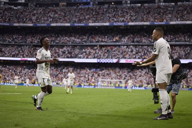 Kylian Mbappe Real Madrid CF celebrates after scoring his team˜s second goal during the LaLiga match between Real Madrid and Real Sociedad at Santiago Bernabà u on May 24, 2025 in Madrid, Spain Photo by Manu Reino DeFodi Images