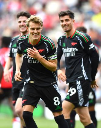 Southampton v Arsenal, Premier League, Football, St. Marys Stadium, Southampton, Hampshire, UK - 25 May 2025 Martin Odegaard of Arsenal celebrates scoring his teams second goal making the score 1-2 Southampton St Marys Stadium Hampshire GBR, UK NEWSPAPERS OUT Copyright: xMarkxEnfieldx