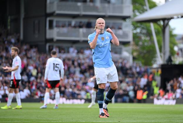 Football - 2024 2025 Premier League - Fulham vs Manchester City - Craven Cottage - Sunday 25th May 2025. Manchester City s Erling Haaland celebrates scoring his side s second goal. COLORSPORT Ashley Western