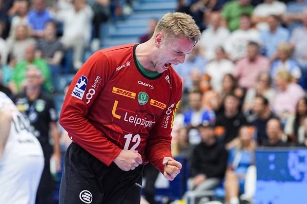 31 05 2025, xydrx, Handball, 1 HBL, VFL Gummersbach SC DHfK Leipzig, Schwalbe Arena Kristian Saeveras SC DHfK Leipzig 12 rejoices, cheers, North Rhine-Westphalia Germany