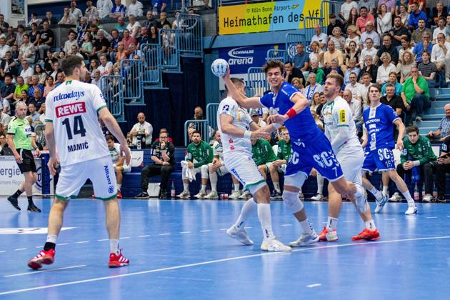 Daikin Handball Bundesliga, VfL Gummersbach SC DHFK Leipzig 31 05 2025 Marko Mami SC DHfK Leipzig 14 , Julian Köster VfL Gummersbach, 7 , Miro Schluroff VfL Gummersbach, 15 , Daikin Handball Bundesliga, VfL Gummersbach SC DHFK Leipzig 31 05 2025 Copyright: xBEAUTIFULxSPORTS Erlhofx