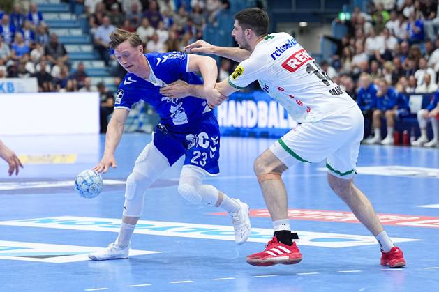 31 05 2025, xydrx, Handball, 1 HBL, VFL Gummersbach SC DHfK Leipzig, Schwalbe Arena Ole Pregler VFL Gummersbach 23 in duel against Marko Mamic SC DHfK Leipzig 14 Nordrhein Westfahlen Germany