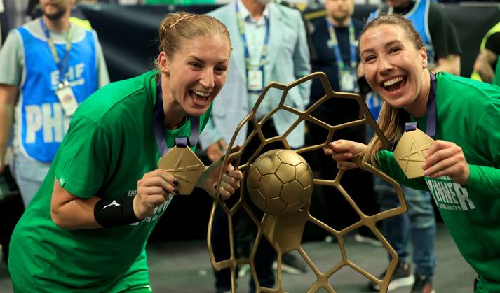 01.06.2025 Budapest(Hungary) GyÅ‘ri Gyori Audi ETO KC -Odense Handbold final EHF Champions League Women s handball Final 4 Swedish players with European champion trophy Linn Blohm(L),Anna Lagerquist (R) GyÅ‘ri Gyori Audi ETO :