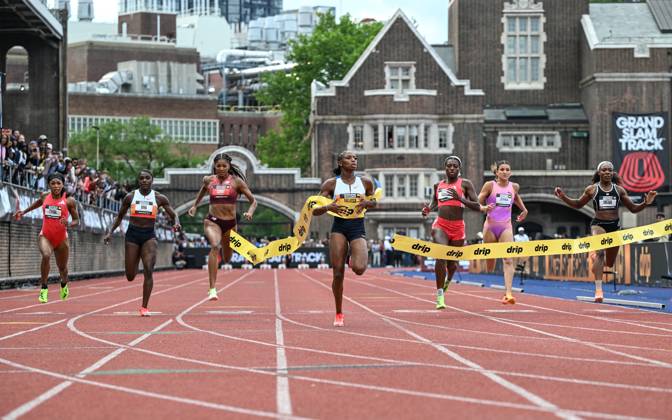 Grand Slam Track Philadelphia 2025 - Day Two PHILADELPHIA, UNITED STATES – JUNE 1: Melissa Jefferson-Wooden (center) of the United States wins in the Women’s 100 meters with 10.73 a new World Lead time and her Personal Best, winning the Women s Short Sprint category, on the second day of the third leg of the Grand Slam Track Series, held at the historic Franklin Field in Philadelphia, Pennsylvania, United States, on June 1, 2025. Artur Widak Anadolu Philadelphia United States. Editorial use only. Please get in touch for any other usage. Copyright: x2025xAnadoluxArturxWidakx
