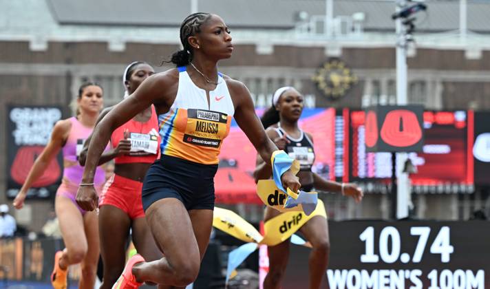 Grand Slam Track Philadelphia 2025 - Day Two PHILADELPHIA, UNITED STATES – JUNE 1: Melissa Jefferson-Wooden (center) of the United States wins in the Women’s 100 meters with 10.73 a new World Lead time and her Personal Best, winning the Women s Short Sprint category, on the second day of the third leg of the Grand Slam Track Series, held at the historic Franklin Field in Philadelphia, Pennsylvania, United States, on June 1, 2025. Artur Widak Anadolu Philadelphia United States. Editorial use only. Please get in touch for any other usage. Copyright: x2025xAnadoluxArturxWidakx