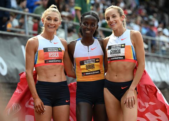 Grand Slam Track Philadelphia 2025 - Day Two PHILADELPHIA, UNITED STATES – JUNE 1: (L-R) Jessica Hull of Australia, Diribe Welteji of Ethiopia and Georgia Hunter Bell, the podium in the Women s Short Distance category, pictured at the end of the Women’s 800 meters, on the second day of the third leg of the Grand Slam Track Series, held at the historic Franklin Field in Philadelphia, Pennsylvania, United States, on June 1, 2025. Artur Widak Anadolu Philadelphia United States. Editorial use only. Please get in touch for any other usage. Copyright: x2025xAnadoluxArturxWidakx