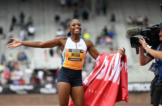 Grand Slam Track Philadelphia 2025 - Day Two PHILADELPHIA, UNITED STATES – JUNE 1: Melissa Jefferson-Wooden of the United States celebrates after she wins in the Women’s 100 meters with 10.73 a new World Lead time and her Personal Best, winning the Women s Short Sprint category, on the second day of the third leg of the Grand Slam Track Series, held at the historic Franklin Field in Philadelphia, Pennsylvania, United States, on June 1, 2025. Artur Widak Anadolu Philadelphia United States. Editorial use only. Please get in touch for any other usage. Copyright: x2025xAnadoluxArturxWidakx