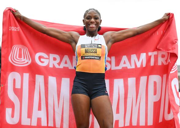 Grand Slam Track Philadelphia 2025 - Day Two PHILADELPHIA, UNITED STATES – JUNE 1: Melissa Jefferson-Wooden of the United States celebrates after she wins in the Women’s 100 meters with 10.73 a new World Lead time and her Personal Best, winning the Women s Short Sprint category, on the second day of the third leg of the Grand Slam Track Series, held at the historic Franklin Field in Philadelphia, Pennsylvania, United States, on June 1, 2025. Artur Widak Anadolu Philadelphia United States. Editorial use only. Please get in touch for any other usage. Copyright: x2025xAnadoluxArturxWidakx
