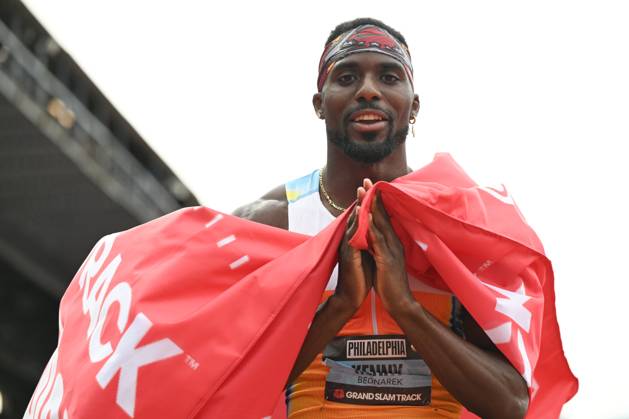 Grand Slam Track Philadelphia 2025 - Day Two PHILADELPHIA, UNITED STATES – JUNE 1: Kenny Bednarek of the United States celebrates after he wins in the Men’s 100 meters with 9.86 equalising the World Lead time and his new Personal Best, winning the Men s Short Sprint category, on the second day of the third leg of the Grand Slam Track Series, held at the historic Franklin Field in Philadelphia, Pennsylvania, United States, on June 1, 2025. Artur Widak Anadolu Philadelphia United States. Editorial use only. Please get in touch for any other usage. Copyright: x2025xAnadoluxArturxWidakx