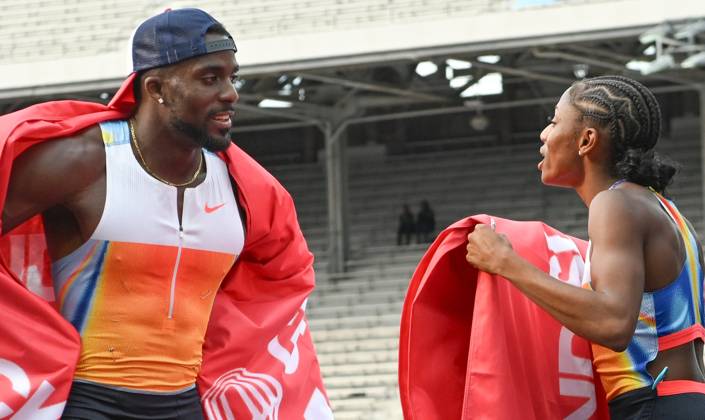 Grand Slam Track Philadelphia 2025 - Day Two PHILADELPHIA, UNITED STATES – JUNE 1: Melissa Jefferson-Wooden (right) of the United States, the winner in the Women’s 100 meters with 10.73 a new World Lead time, and Kenny Bednarek (left) of the United States, the winner in the Men’s 100 meters with 9.86 equalising the World Lead time, both winners of the Short Sprint category, chats before the Awards Ceremony, on the second day of the third leg of the Grand Slam Track Series, held at the historic Franklin Field in Philadelphia, Pennsylvania, United States, on June 1, 2025. Artur Widak Anadolu Philadelphia United States. Editorial use only. Please get in touch for any other usage. Copyright: x2025xAnadoluxArturxWidakx