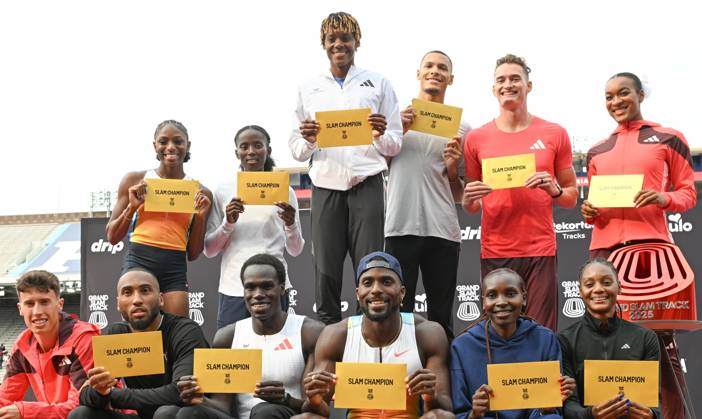 Grand Slam Track Philadelphia 2025 - Day Two PHILADELPHIA, UNITED STATES – JUNE 1: Philadelphia s Slam Champions-Winners of different categories: standing (L-R) Melissa Jefferson-Wooden (Short Sprint), Diribe Welteji (Short Distance), Marileidy Paulino (Long Sprints), Jamal Britt (Short Hurdles), Trevor Bassitt (Long Hurdles) and Jasmine Jones (Long Hurdles) and sitting (L-R) Nico Young (Long Distance), Matthew Hudson-Smith (Long Sprint), Marco Arop (Short Distance), Kenny Bednarek (Short Sprint), Agnes Jebet Ngetich (Long Distance) and Ackera Nugent (Short Hurdles), pose together for a family photo at the end of the Awards Ceremony, on the second day of the third leg of the Grand Slam Track Series, held at the historic Franklin Field in Philadelphia, Pennsylvania, United States, on June 1, 2025. Artur Widak Anadolu Philadelphia United States. Editorial use only. Please get in touch for any other usage. Copyright: x2025xAnadoluxArturxWidakx
