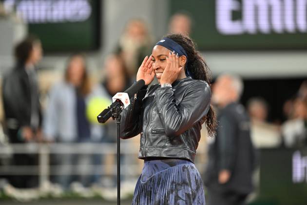 2025 Roland-Garros - Day 12 PARIS, FRANCE - JUNE 5: Coco Gauff of US delivers a victory speech after winning against Lois Boisson (not seen) of France during the Women s Singles semi-final match on Day twelve of the 2025 French Open at Court Philippe-Chatrier in Paris, France on June 5, 2025. Mustafa Yalcin Anadolu Paris France. Editorial use only. Please get in touch for any other usage. Copyright: x2025xAnadoluxMustafaxYalcinx