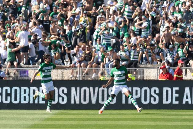 May 26, 2024, Caxias, Lisbon, Portugal: Sporting forward from Portugal FRANCISCO TRINCAO (17) celebrating after Sporting defender from The Netherlands JEREMIAH ST. JUSTE (3) scored a goal during the game of the final of the Portugal Cup between Porto and Sporting at Estadio Nacional Caxias Portugal - ZUMAs359 20240526_zsp_s359_073 Copyright: xAlexandrexdexSousax