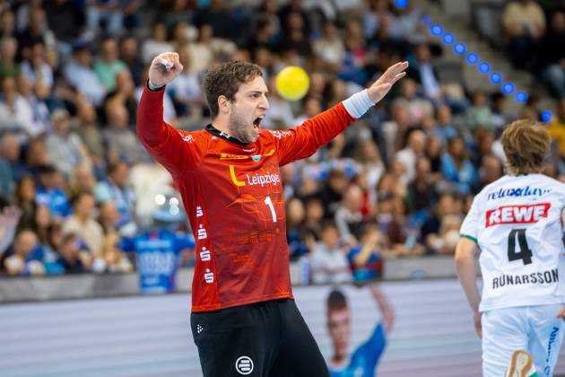 Handball I Men I Season 2024 2025 I Bundesliga I 34 Matchday I TVB Stuttgart SC DHfK Leipzig I 08 06 2025 Domenico Ebner 1, SC DHfK Leipzig cheers Stuttgart Porsche Arena Baden Württemberg Germany Copyright: xLobeca MaxxPetershansx
