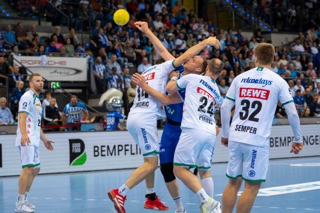 Handball I Men I Season 2024 2025 I Bundesliga I 34 Matchday I TVB Stuttgart SC DHfK Leipzig I 08 06 2025 Lenny Rubin 44, TVB Stuttgart defended by Marko Mamic 14, SC DHfK Leipzig and Moritz Preuss 24, SC DHfK Leipzig Stuttgart Porsche Arena Baden Württemberg Germany Copyright: xLobeca MaxxPetershansx