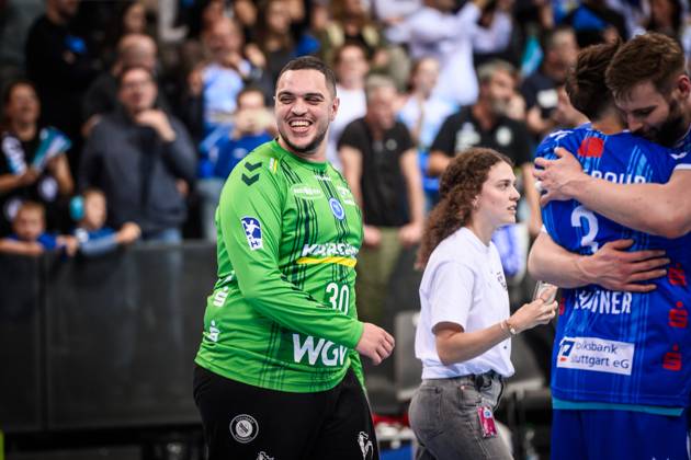 Samir Bellahcene TVB Stuttgart, 30 Jubel, Freude, Erleichterung GER, TVB Stuttgart SC DHfK Leipzig, DAIKIN HBL, Handball, Bundesliga, 34 Spieltag, Spielzeit 2024 2025, 08 06 2025 GER, TVB Stuttgart SC DHfK Leipzig, DAIKIN HBL, Handball, Bundesliga, 34 Spieltag, Spielzeit 2024 2025, 08 06 2025 Stuttgart Copyright: xSandyxDinkelackerx EP_SDR
