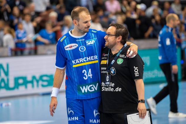 Handball I Men I Season 2024 2025 I Bundesliga I 34 Matchday I TVB Stuttgart SC DHfK Leipzig I 08 06 2025 Kai Häfner 34, TVB Stuttgart with Enrico Henoch SC DHfK Leipzig Stuttgart Porsche Arena Baden Württemberg Germany Copyright: xLobeca MaxxPetershansx
