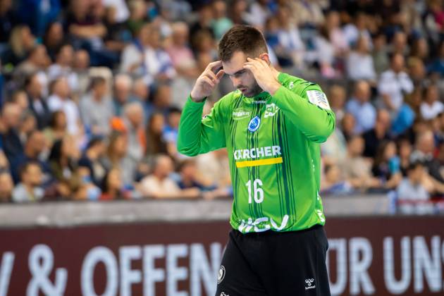 Handball I Men I Season 2024 2025 I Bundesliga I 34 Matchday I TVB Stuttgart SC DHfK Leipzig I 08 06 2025 Miljan Vujovic 16, TVB Stuttgart focused Stuttgart Porsche Arena Baden Württemberg Germany Copyright: xLobeca MaxxPetershansx