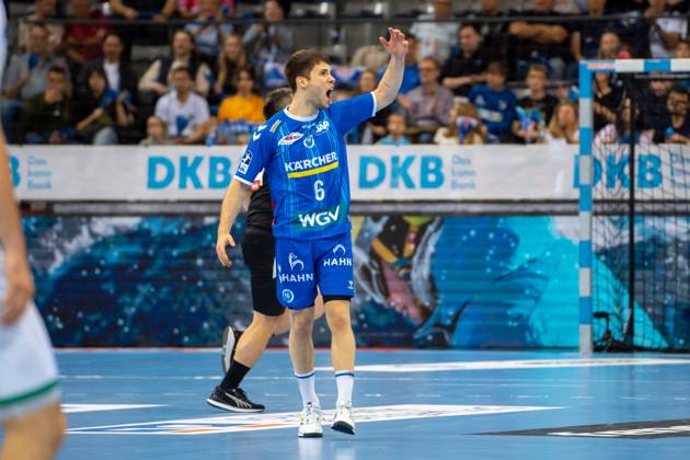 Handball I Men I Season 2024 2025 I Bundesliga I 34 Matchday I TVB Stuttgart SC DHfK Leipzig I 08 06 2025 Daniel Fernandez Jimenez 6, TVB Stuttgart jubelt Stuttgart Porsche Arena Baden Württemberg Germany Copyright: xLobeca MaxxPetershansx
