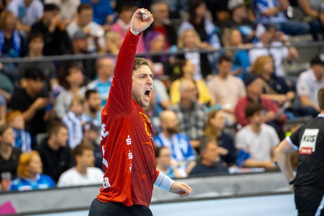 Handball I Men I Season 2024 2025 I Bundesliga I 34 Matchday I TVB Stuttgart SC DHfK Leipzig I 08 06 2025 Domenico Ebner 1, SC DHfK Leipzig cheers Stuttgart Porsche Arena Baden Württemberg Germany Copyright: xLobeca MaxxPetershansx