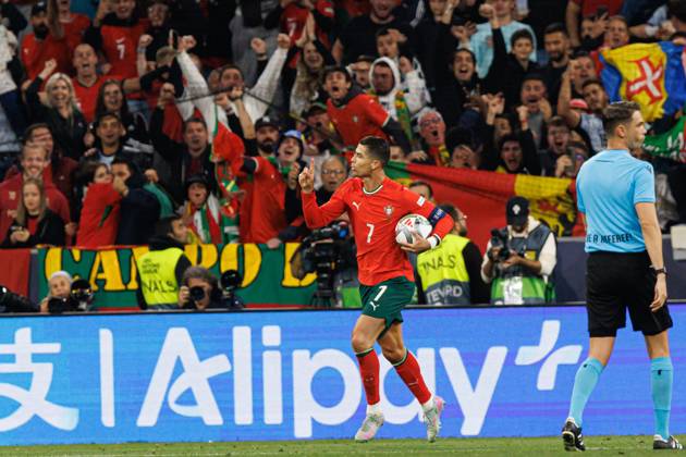 Cristiano Ronaldo seen celebrating after scoring goal during UEFA Nations League 2025 final game between national teams of Portugal and Spain (Maciej Rogowski) Munich Allianz Arena Germany Copyright: xMaciejxRogowskix portugalspain2425-55