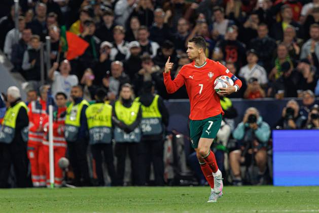 Cristiano Ronaldo seen celebrating after scoring goal during UEFA Nations League 2025 final game between national teams of Portugal and Spain (Maciej Rogowski) Munich Allianz Arena Germany Copyright: xMaciejxRogowskix portugalspain2425-59