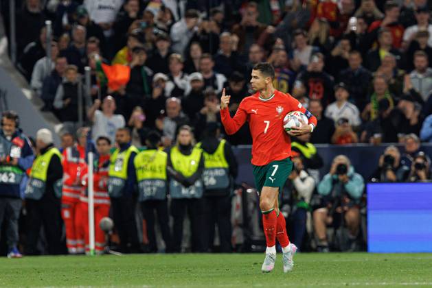 Cristiano Ronaldo seen celebrating after scoring goal during UEFA Nations League 2025 final game between national teams of Portugal and Spain (Maciej Rogowski) Munich Allianz Arena Germany Copyright: xMaciejxRogowskix portugalspain2425-60