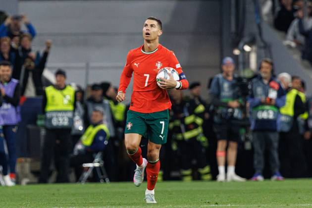 Cristiano Ronaldo seen celebrating after scoring goal during UEFA Nations League 2025 final game between national teams of Portugal and Spain (Maciej Rogowski) Munich Allianz Arena Germany Copyright: xMaciejxRogowskix portugalspain2425-61