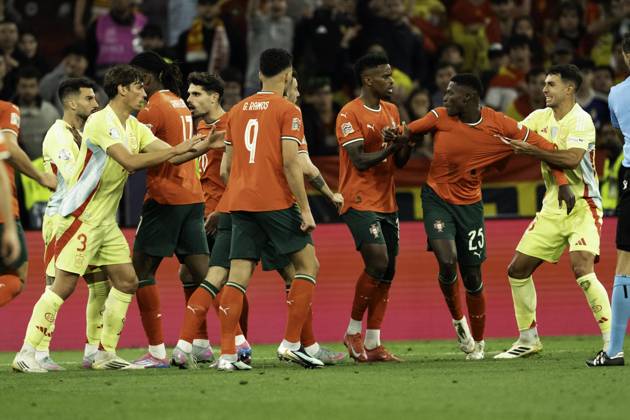 UEFA Nations League Final: Portugal vs Spain Players from Spain and Portugal clash during a heated moment in the UEFA Nations League final at Allianz Arena in Munich. Copyright: xTaiseixIwamotox