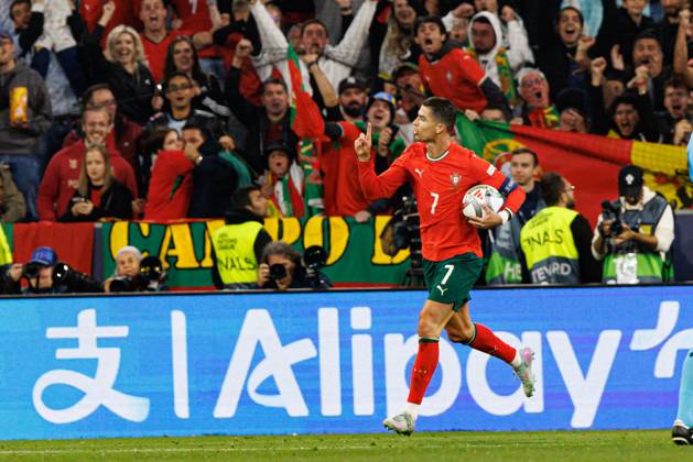 Cristiano Ronaldo seen celebrating after scoring goal during UEFA Nations League 2025 final game between national teams of Portugal and Spain (Maciej Rogowski) Munich Allianz Arena Germany Copyright: xMaciejxRogowskix portugalspain2425-396