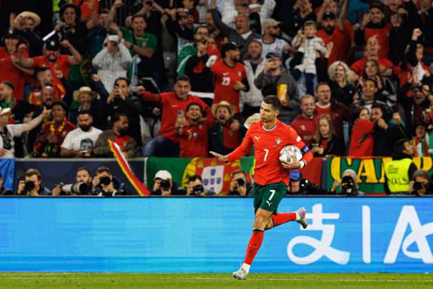 Cristiano Ronaldo seen celebrating after scoring goal during UEFA Nations League 2025 final game between national teams of Portugal and Spain (Maciej Rogowski) Munich Allianz Arena Germany Copyright: xMaciejxRogowskix portugalspain2425-397