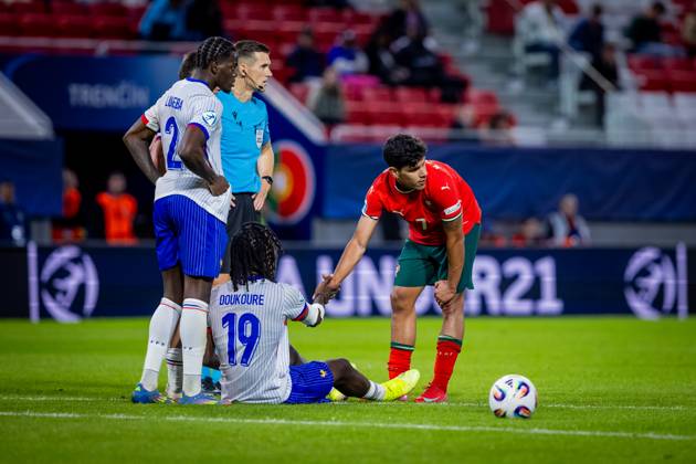 PORTUGAL U21, U 21 - FRANCE U21 Mateus Fernandes of Portugal and Castello Lukeba, Ismael Doukoure of France during the UEFA European Under-21 Championship 2025 football match between Portugal U21 and France U21. Stadium Na Sihoti, Trencin, Slovakia, June 11, 2025. Photo by Branislav Racko Copyright: xx 080A5352