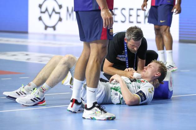 14 06 2025, xtgx, Handball, EHF Champions League semi-final 2, FC Barcelona SC Magdeburg v l Gisli Thorgeir Kristjansson Magdeburg, 10 injured Injury Cologne