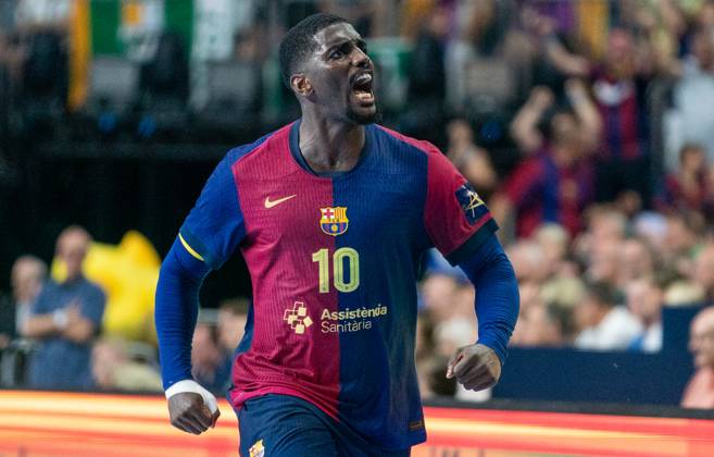 14 06 2025, Handball, Men, Truckscout 24 EHF Final4 2024, Champions League, Final Four 2024, EHF, semi-final, FC Barcelona SC Magdeburg, Dika Mem FC Barcelona cheers Cologne Lanxess Arena North Rhine-Westphalia Germany