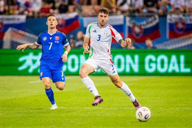 SLOVAKIA U21, U 21 - ITALY U21 Tomas Suslov of Slovakia and Matteo Ruggeri of Italy during the UEFA European Under-21 Championship 2025 Group A football match between Slovakia U21 and Italy U21. Stadium City Arena, Trnava, Slovakia, June 14, 2025. Photo by Branislav Racko Copyright: xx 080A1845