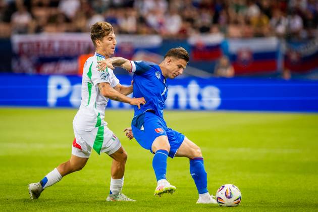 SLOVAKIA U21, U 21 - ITALY U21 Tomas Suslov of Slovakia and Tommaso Baldanzi of Italy during the UEFA European Under-21 Championship 2025 Group A football match between Slovakia U21 and Italy U21. Stadium City Arena, Trnava, Slovakia, June 14, 2025. Photo by Branislav Racko Copyright: xx 080A1866