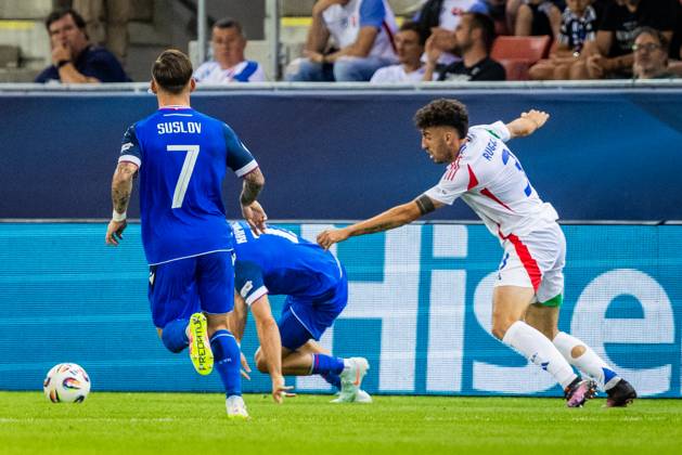 SLOVAKIA U21, U 21 - ITALY U21 Tomas Suslov of Slovakia and Matteo Ruggeri of Italy during the UEFA European Under-21 Championship 2025 Group A football match between Slovakia U21 and Italy U21. Stadium City Arena, Trnava, Slovakia, June 14, 2025. Photo by Branislav Racko Copyright: xx 080A2235