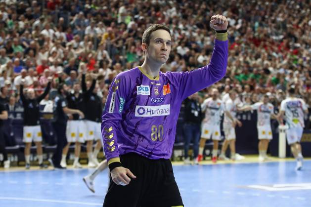 14 06 2025, xgox,handball, EHF Champions League semi-final 2, FC Barcelona SC Magdeburg v l Nikola Portner Magdeburg, 80 jubilation, goal celebration, jubelt ueber das Tor, celebrate the goal, celebration Koeln