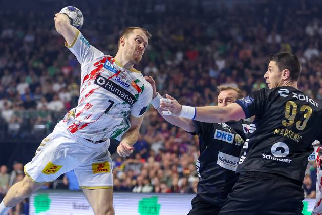 15 06 2025, Handball, Final TruckScout24 EHF FINAL4, LANXESS arena Cologne, Füchse Berlin SC Magdeburg Felix Claar Magdeburg 07 vs Mijajlo Marsenic Fuechse Berlin 93 North Rhine-Westphalia Germany