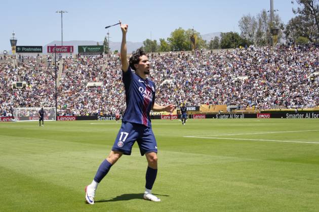 Paris Saint-Germain FC v Club Atletico de Madrid: Group B - FIFA Club World Cup 2025 PASADENA, CALIFORNIA - JUNE 15: Vitinha central midfield of PSG and Portugal celebrates after scoring his sides first goal during the FIFA Club World Cup 2025 group B match between Paris Saint-Germain FC and Club Atletico de Madrid at Rose Bowl Stadium on June 15, 2025 in Pasadena, California. Jose Hernandez Anadolu California United States. Editorial use only. Please get in touch for any other usage. Copyright: x2025xAnadoluxJosexHernandezx