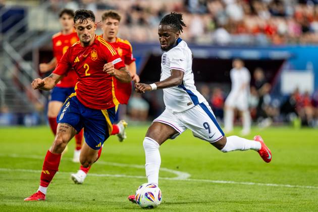 SPAIN U21, U 21 - ENGLAND U21 Marc Pubill of Spain and Jonathan Rowe of England during the UEFA European Under-21 Championship 2025 Quarterfinal football match between Spain U21 and England U21. Stadium City Arena, Trnava, Slovakia, June 21, 2025. Photo by Branislav Racko Copyright: xx 080A2042