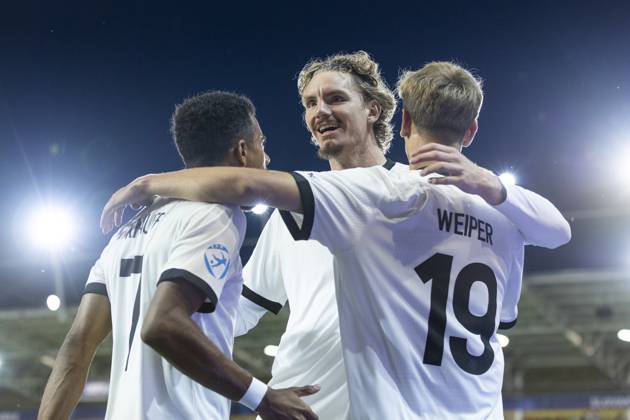 UEFA European Under-21 Championship, semi-final Germany France 25 06 2025 Nick Woltemade Germany, 10 celebrates after his goal with Nelson Weiper Germany, 19 and Ansgar Knauff Germany, 7 during the UEFA European Under-21 Championship semi-final match Germany France, on 25 06 2025, Kosice Football Arena, Kosice, Slovakia Copyright: xBEAUTIFULxSPORTS Meuselx