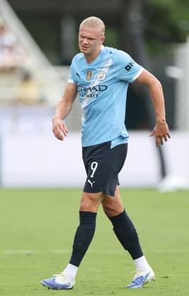 Orlando, USA, 26th June 2025. Erling Haaland of Manchester City reacts to a tackle during the Juventus vs Manchester City FIFA Club World Cup match at Camping World Stadium, Orlando. Picture credit should read: David Klein Sportimage EDITORIAL USE ONLY. No use with unauthorised audio, video, data, fixture lists, club league logos or live services. Online in-match use limited to 120 images, no video emulation. No use in betting, games or single club league player publications. SPI_116_DK_Juventus_Man_City SPI-3993-0113