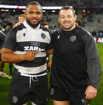 Qatar Airways Cup, DHL Stadium, Cape Town, South Africa 29 6 2025 South Africa vs Barbarians Hoskins Sotutu and Cian Healy of the Barbarians FC after the match Hoskins Sotutu and Cian Healy after the match 29 6 2025  Copyright: x INPHO StevexHaagxSports Darrenx SH196385