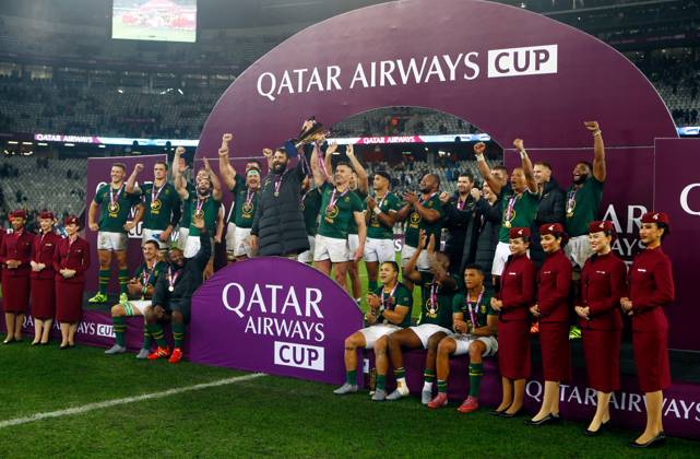 Qatar Airways Cup, DHL Stadium, Cape Town, South Africa 29 6 2025 South Africa vs Barbarians South Africa lift the Qatar Airways Cup South Africa lift the Qatar Airways Cup 29 6 2025  Copyright: x INPHO StevexHaagxSports Darrenx SH196404