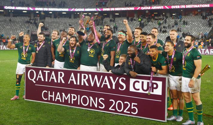 Qatar Airways Cup, DHL Stadium, Cape Town, South Africa 29 6 2025 South Africa vs Barbarians South Africa lift the Qatar Airways Cup South Africa lift the Qatar Airways Cup 29 6 2025  Copyright: x INPHO StevexHaagxSports Darrenx SH196409