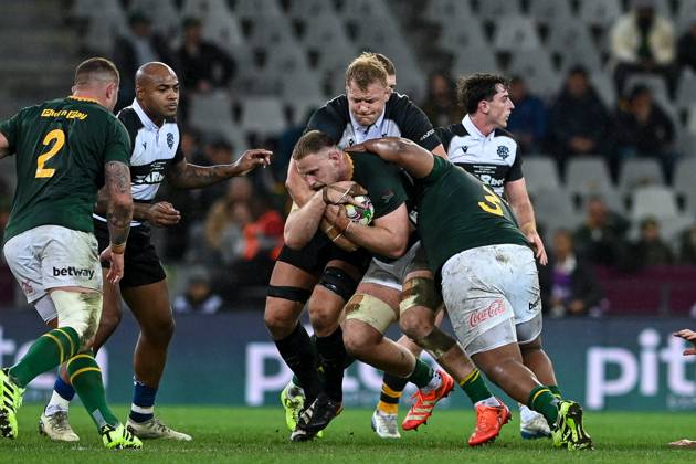 Qatar Airways Cup, DHL Stadium, Cape Town, South Africa 29 6 2025 South Africa vs Barbarians Jean-Luc du Preez of South Africa is tackled by David Ribbans of the Barbarians Jean-Luc du Preez is tackled by David Ribbans 29 6 2025  Copyright: x INPHO StevexHaagxSports Darrenx SvB_DDS_0838