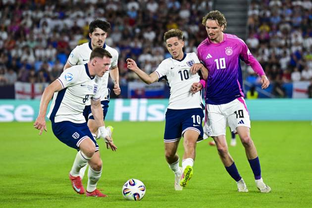 BRATISLAVA - Elliot Anderson of England U21, U 21 Tino Livramento of England U21, James McAtee of England U21, Nick Woltemade of Germany U21 (l-r) at the National Football Stadium during the Under-21 European Championship, EM, Europameisterschaft final between Young England and Young Germany. ANP Hollandse Hoogte UEFA European Under-21 Championship 2025 Final 2024 25 xVIxANPxSportx xGerritxvanxKeulenxIVx 530647326 originalFilename: 530647326.jpg