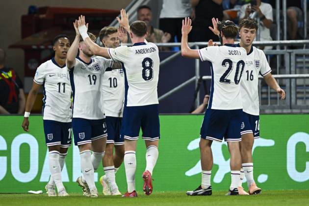 BRATISLAVA - Omari Hutchinson of England U21, U 21 Harvey Elliot of England U21, Elliot Anderson of England U21, Alex Scott of England U21, Jack Hinshelwood of England U2 (l-r) celebrate the 2-0 goal at the National Football Stadium during the Under-21 European Championship, EM, Europameisterschaft final between Young England and Young Germany. ANP Hollandse Hoogte UEFA European Under-21 Championship 2025 Final 2024 25 xVIxANPxSportx xGerritxvanxKeulenxIVx 530647928 originalFilename: 530647928.jpg